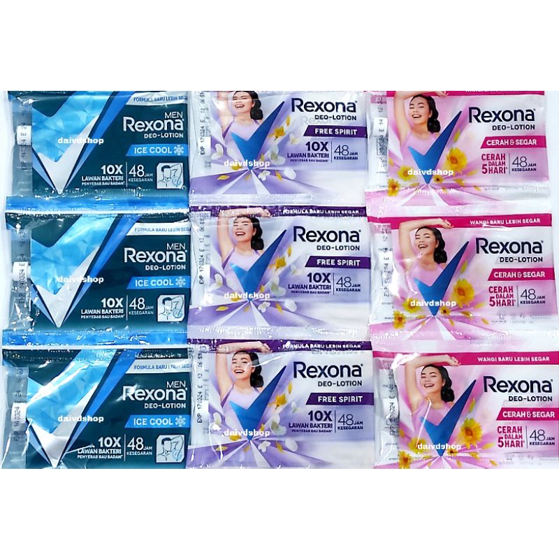 Rexona Deo-lotion Deodoran/Rexona deodorant Anti Perspirant Sachet Women dan Men Cerah dan Segar dalam 5 hari / Free Spirit 10× lawan bakteri penyebab bau badan/ Ice cool men Tahan 48 jam Kesegaran Sachet Rexona official/ Rexona Anti pespiran