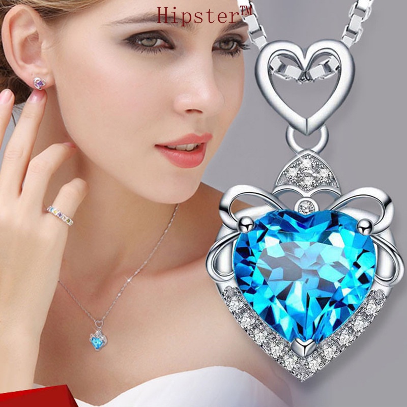 Hot Sale Fashion All-Match Ocean Heart Sapphire Heart-Shaped Full Diamond Pendant Necklace