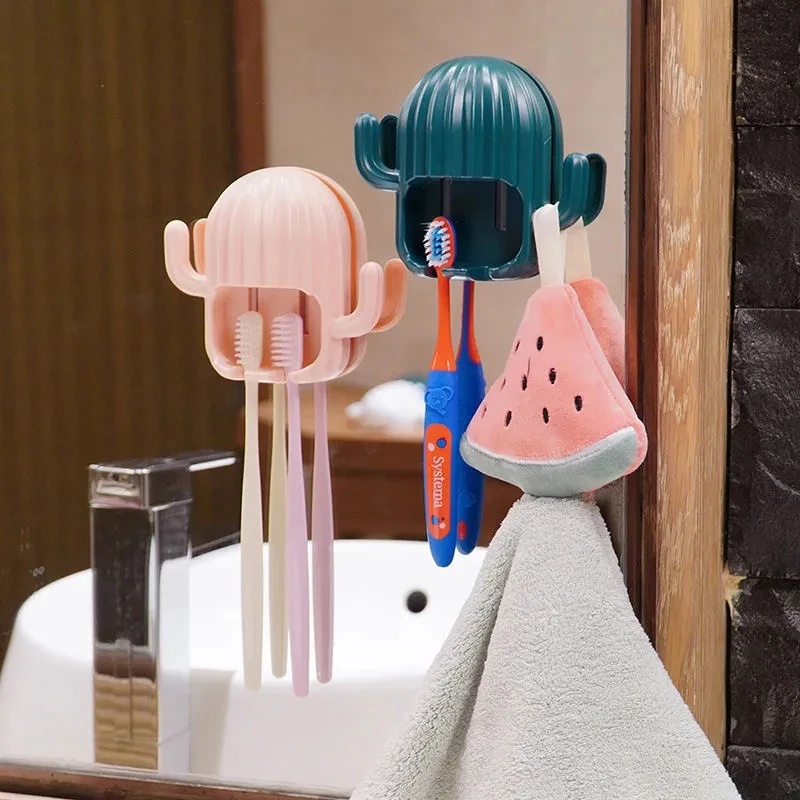 [Bathroom Wall Hanging Self Adhesive Cactus Toothbrush Holder] [Bathroom  Nail-Free Space Saving Storage Toothbrush Rack] [Multifunctional Organizer Shelf]