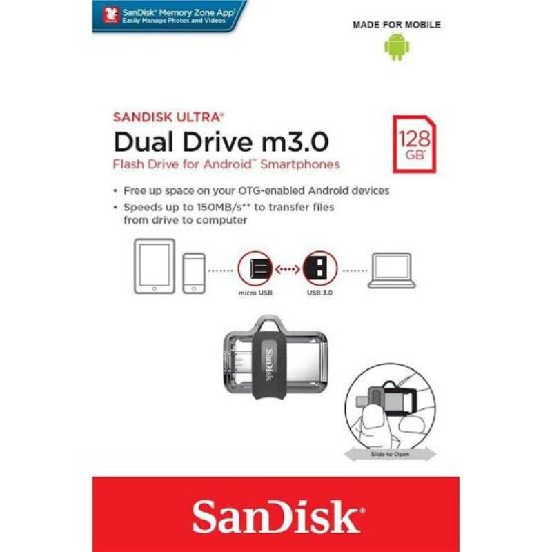 Sandisk OTG 128GB 128 GB Dual USB 3.0 / Flashdisk OTG Android usb 3.0 - Micro USB 100% RESMI- Hitam