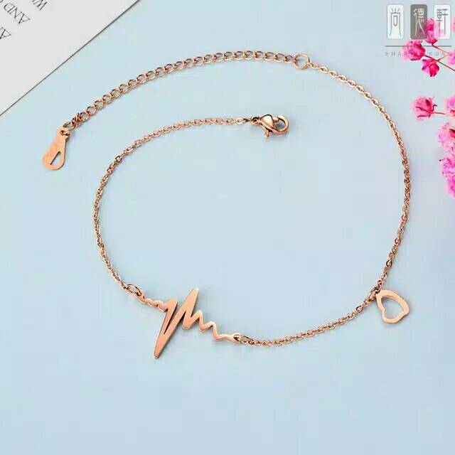 GG Gelang Kaki Aksen Heart Beat Titanium  Rose Gold#GK-103