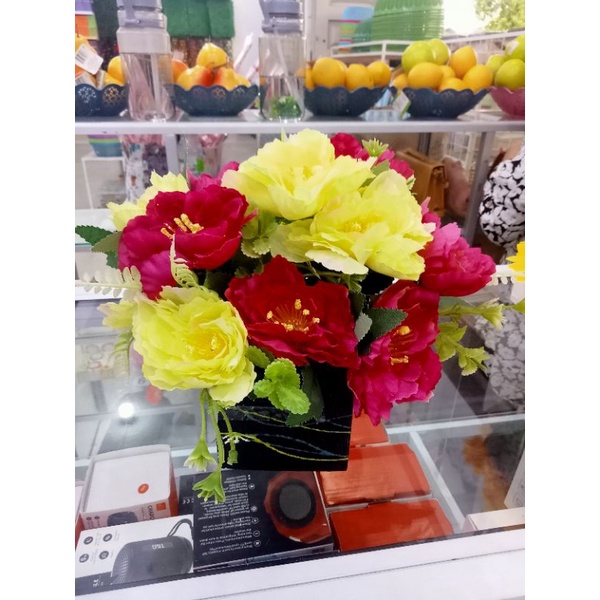 bunga mawar artificial lengkap dengan pot hiasan meja ruang tamu dan kantor