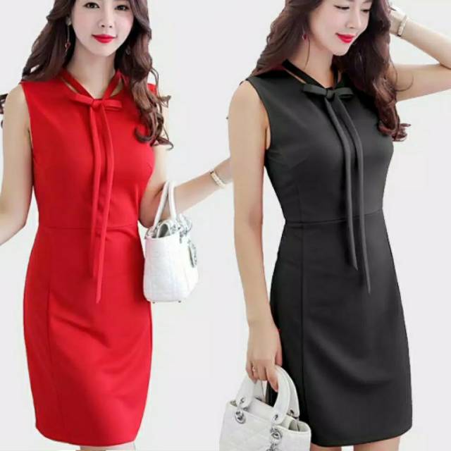 Dress Pesta Wanita Korea Merah, Hitam dan Salem bahsn scuba Size M, L