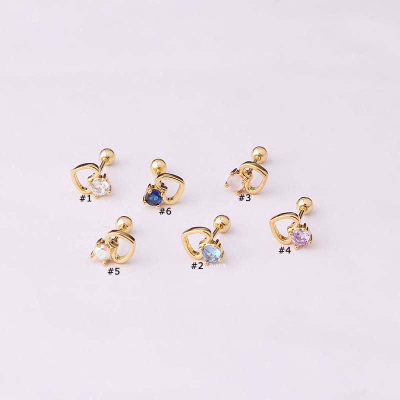 1pc Anting Tindik Tulang Rawan Telinga Bentuk Hati Bahan Stainless Steel 20Gauge Dengan Zircon