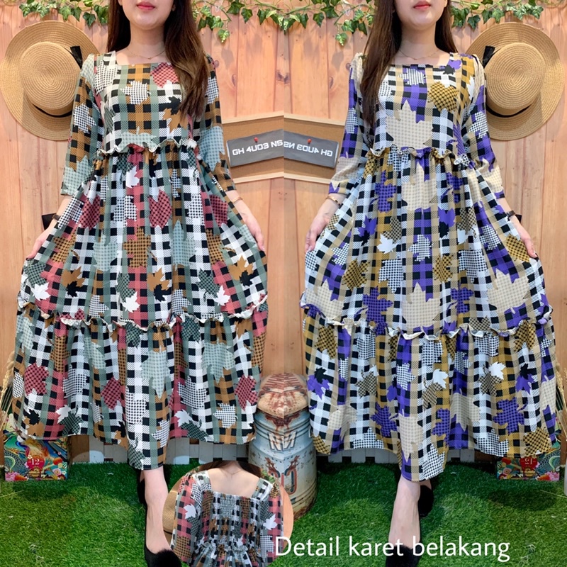 LONG DRESS HOUNDSTOOTH RUFFLE 3011-25