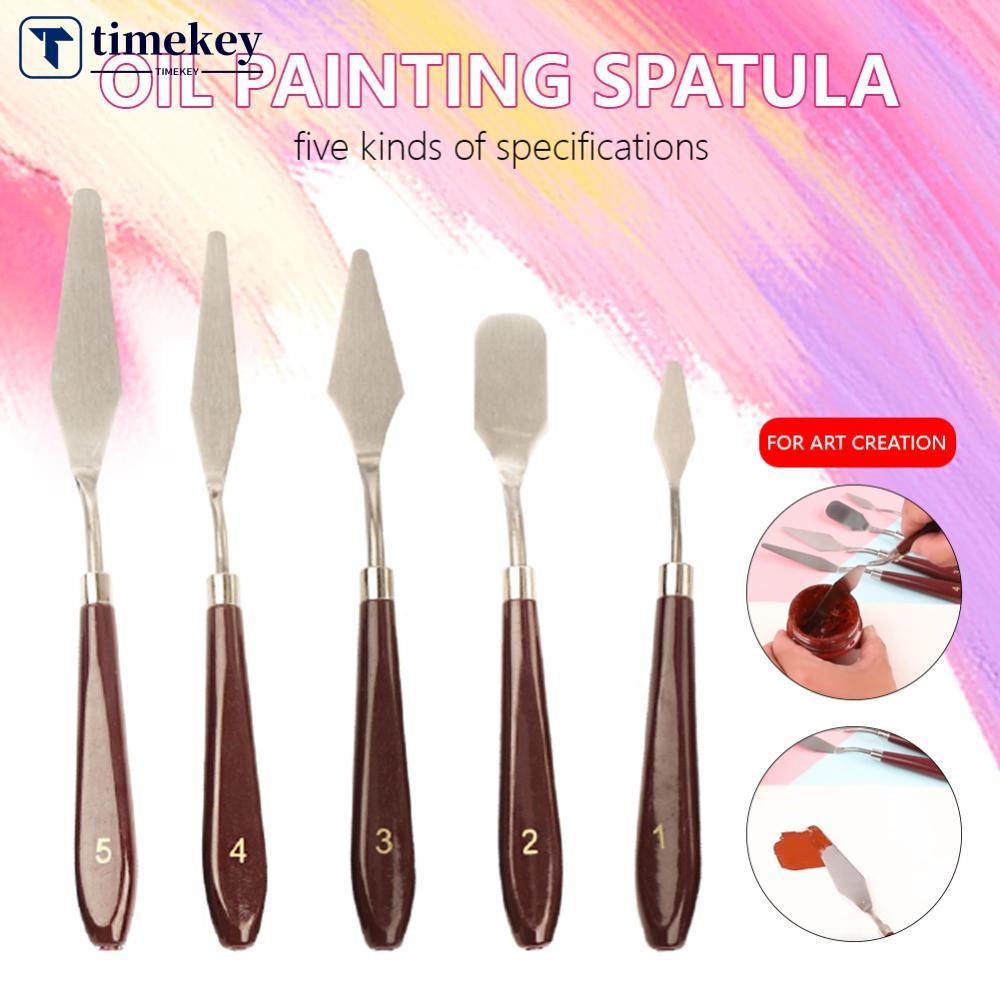 Timekey 5Pcs Set Pisau Palet Spatula Pengikis Lukisan Cat Minyak Bahan Stainless Steel U4X3