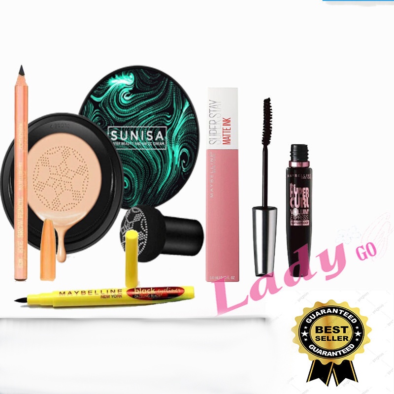 Paket Make Up Wajah Lengkap Kosmetik Murah Kecantikan Wanita 5 In 1 - Bedak Glowing Sunisa - Pensil Alis VivaQUEEN - Lipstik Maybelline - Maskara Waterproof - Eyeliner Spidol Anti Air