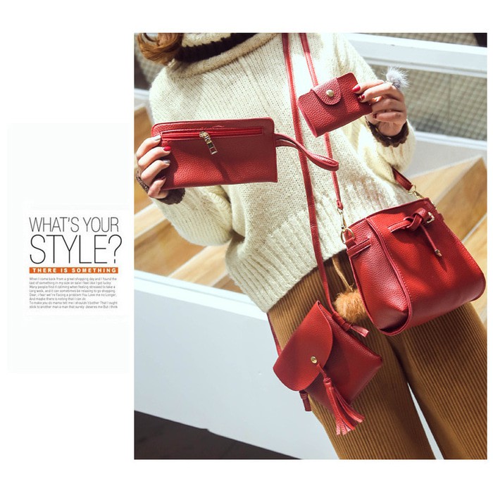 SALE [Tas Alya Set 4 in 1 Import Maroon FS] tas wanita kulit PU maroon