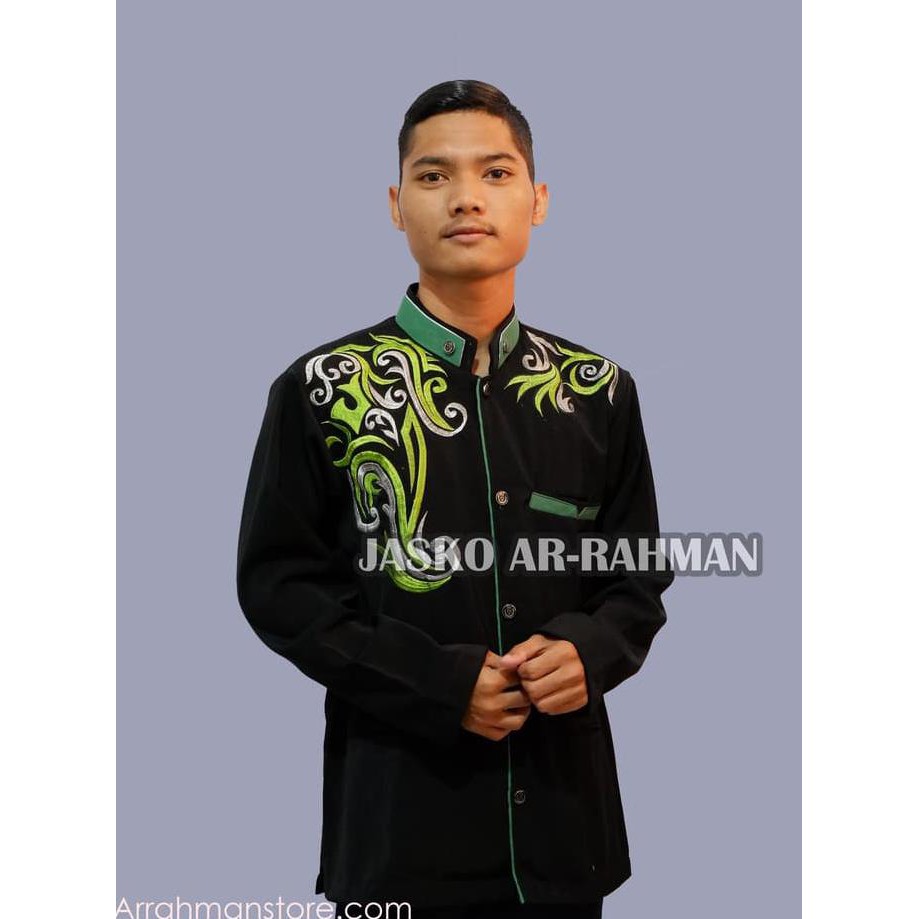 Jasko Hitam List Hijau Bordir(Jas,Koko,Kemeja,Muslim) - Hitam, S