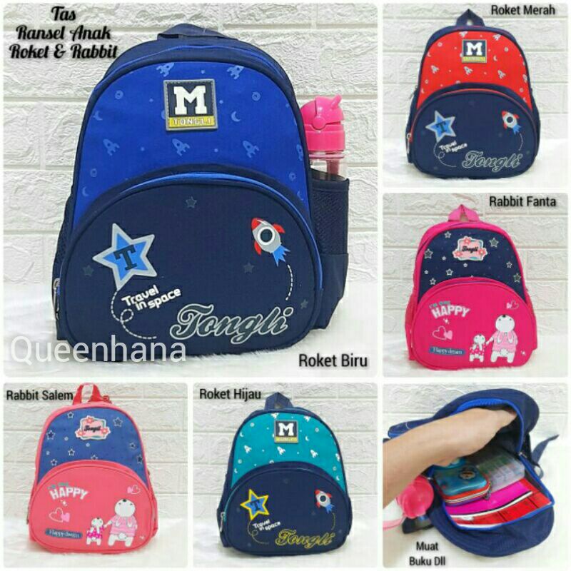 Tas Ransel Anak/Tas Ransel Kain Kanvas Tebal Roket &amp; Rabbit