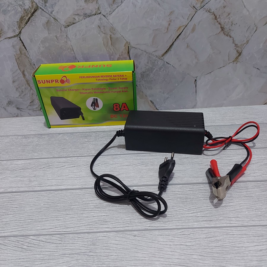 PENGECAS AKI 8 AMPERE OTOMATIS SUNPRO CHARGER BATERAI AKI 8A 12V BATRE BATTERY