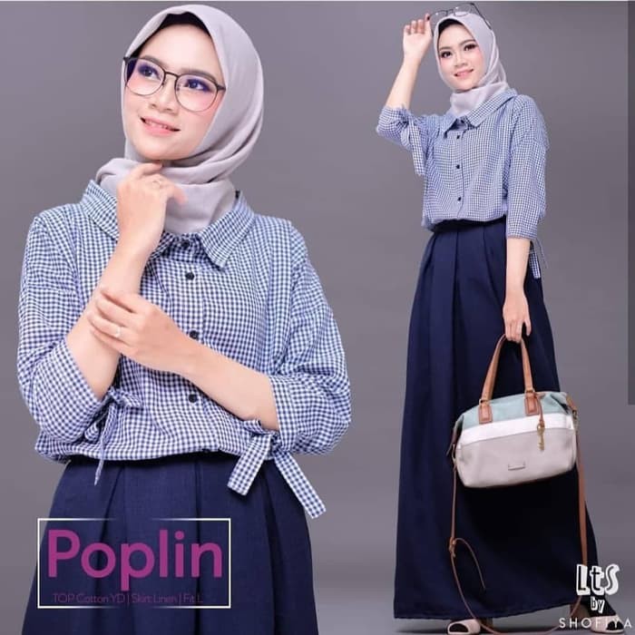 Kemeja Hijaber / Atasan wanita murah / Rok Hitam katun : Poplin set