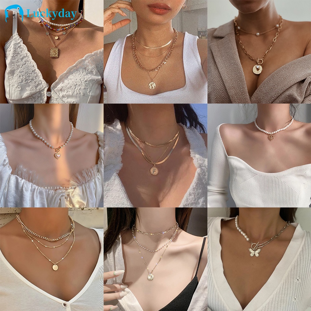 YEEZII Kalung Choker Rantai Emas Liontin Kupu-Kupu Aksen Mutiara Untuk Wanita