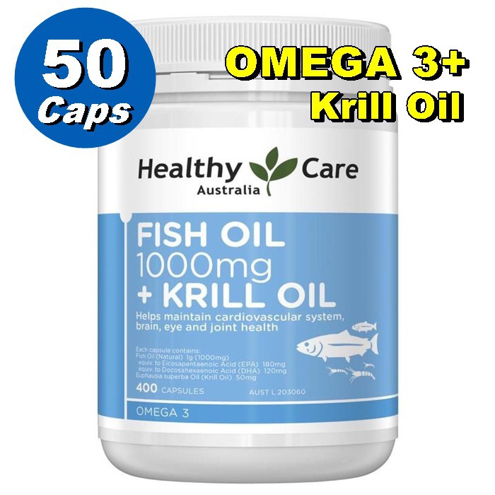 OMEGA 3 Fish Oil + KRILL OIL Healthy Care Australia 1000mg 50/100/200 Kapsul