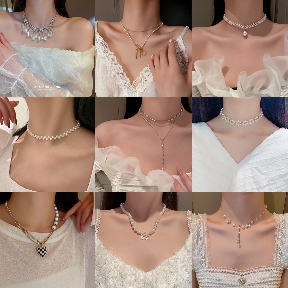 Kalung Rantai Model Rumbai Aksen Bunga Mutiara Dan Berlian Gaya Retro Untuk Wanita
