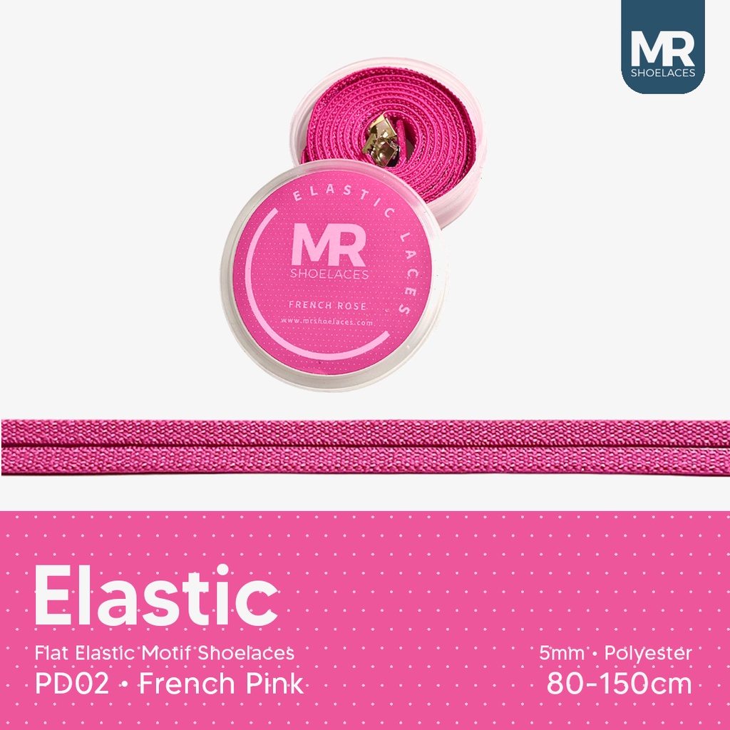 Original MR Shoelaces PD02 Elastic French Pink Tali Sepatu Flat Elastis (Karet Lentur) with Metal Clip / Lock 80cm 100cm 120cm 150cm - Premium Shoelace