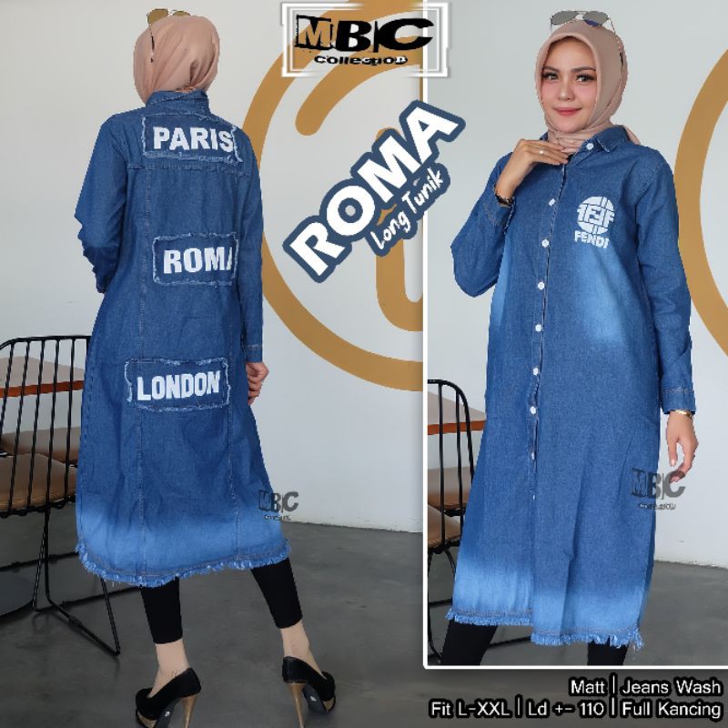 MBC COLLECTION_SUPER BEST SELLER TUNIK JEANS WASH ROMA LONG TUNIK APLIKASI SABLON PREMIUM QUALITY