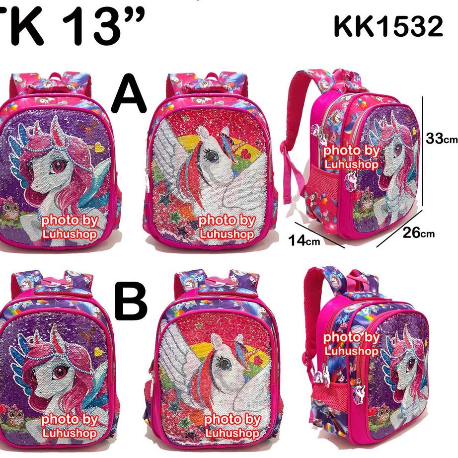 Tren Kekinian.. Tas TK SD Sequin Usap Ganti Gambar Kuda Pony Unicorn Tas Anak Perempuan