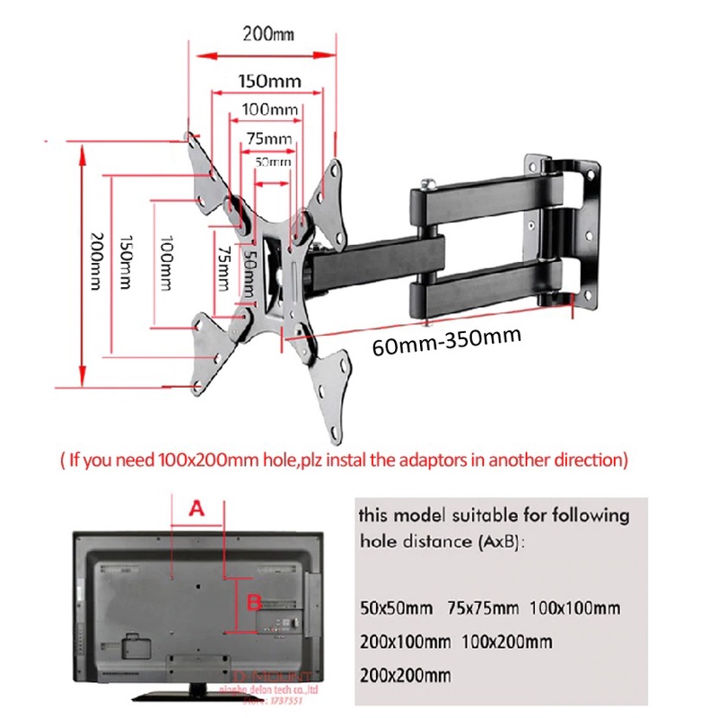 D-mount Telescopic TV Bracket Thick 200x200 Pitch for 10-32 Inch TV - DKE-S32 - Black