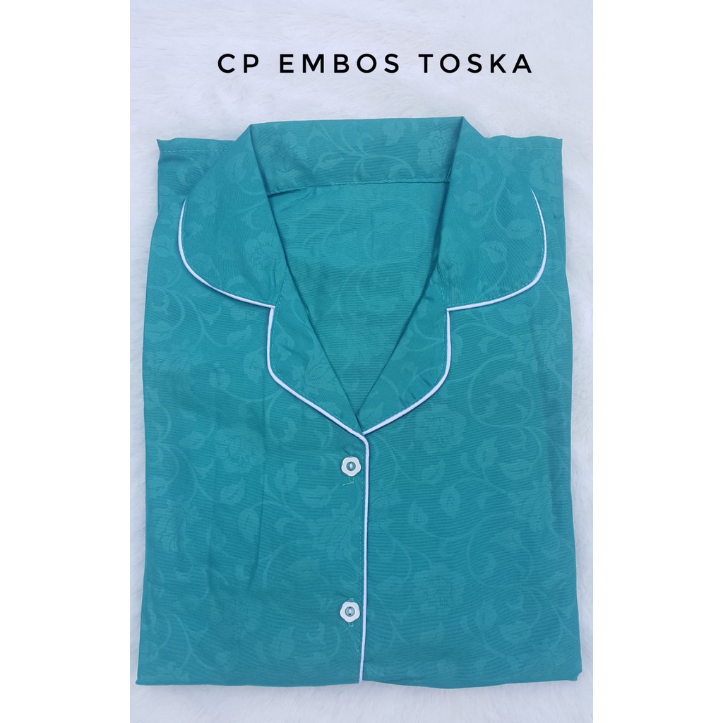 JNV Piyama CP Wanita Motif Satin Embos - Baju Tidur Saten Lengan Pendek - Bahan Satin Embos-tosca