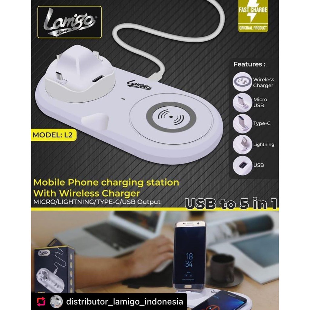 Lamigo WL2 Wireless Charger 5 in 1 Lightning Type C Micro USB cas HP original