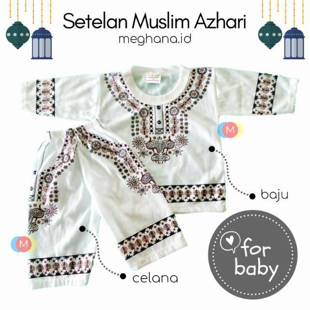 Setelan muslim bayi anak 6-12 bulan azhari special ramadhan lebaran putih size S