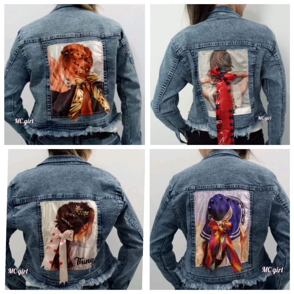 MC girl - Jaket Jeans Premium Crop Sobek Rawis Gambar Pita / Jacket Denim Ripped Body Pendek Rumbai Wanita / Jaket Lepis Koyak Snow Blue Pita 3D