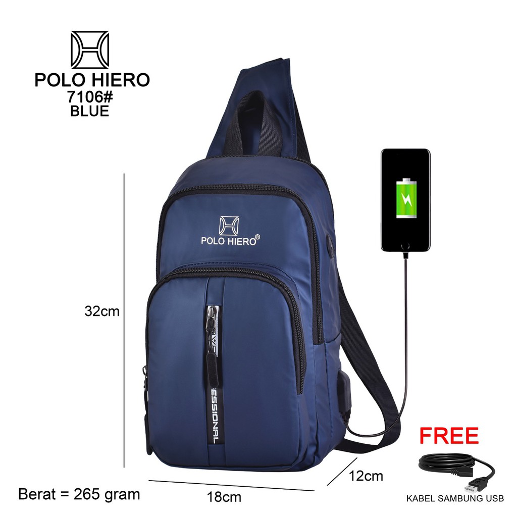 New Stock Tas Selempang Polo Hiero 7106 Water Resistant,[Free Kabel USB Extension]