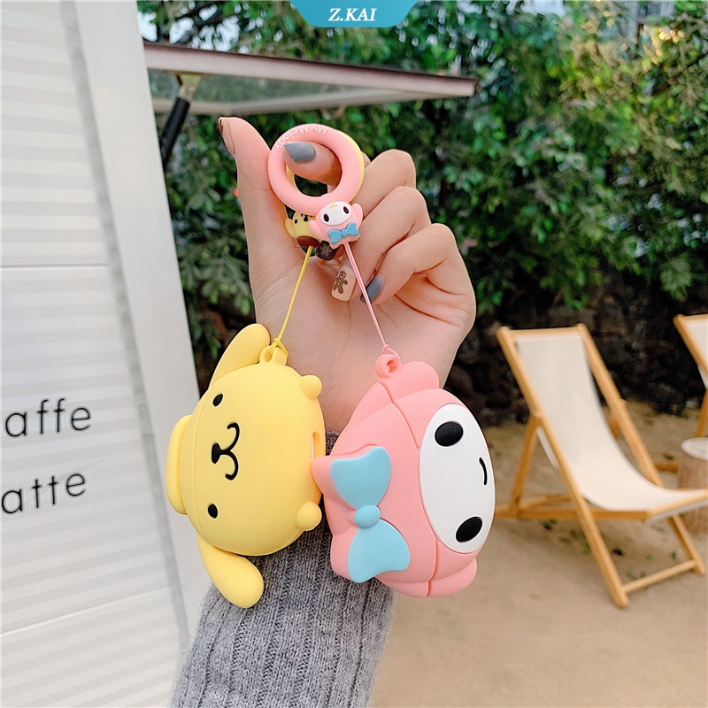 Casing Silikon Motif Kartun Sanrio Kuromi Pom Purin + Gantungan Kunci Untuk Simpan Earphone Wireless Bluetooth AirPods 1 / 2 / 3pro