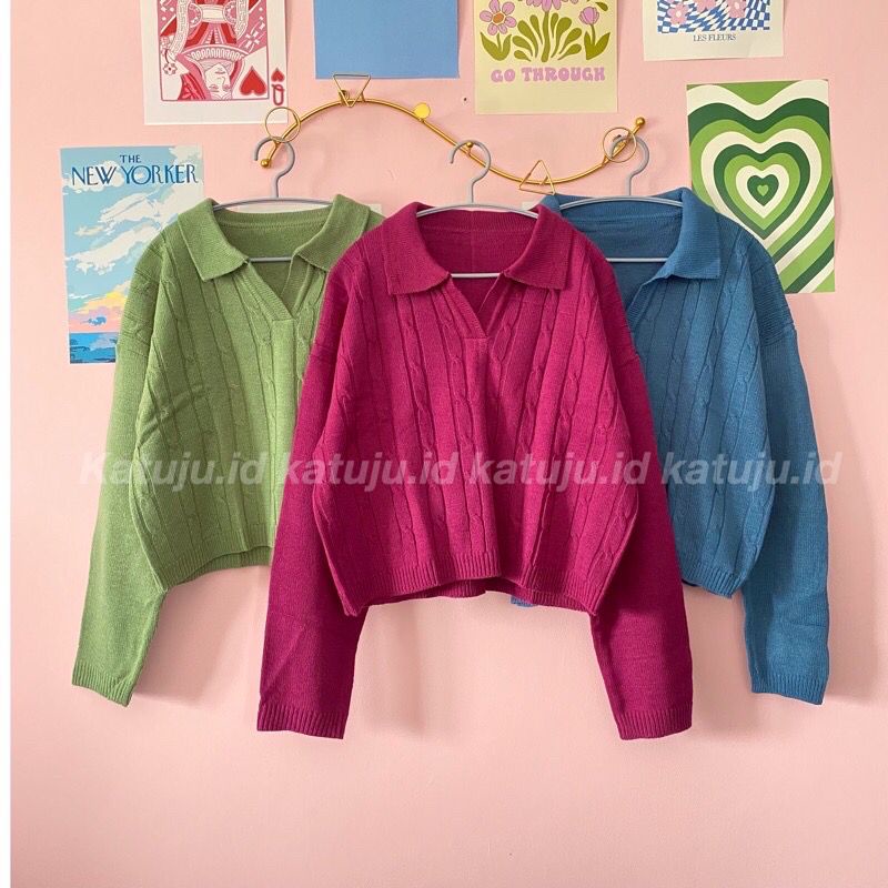 Laura Crop Cable rajut blouse - Atasan wanita Polo Berkerah dan bermotif cable//