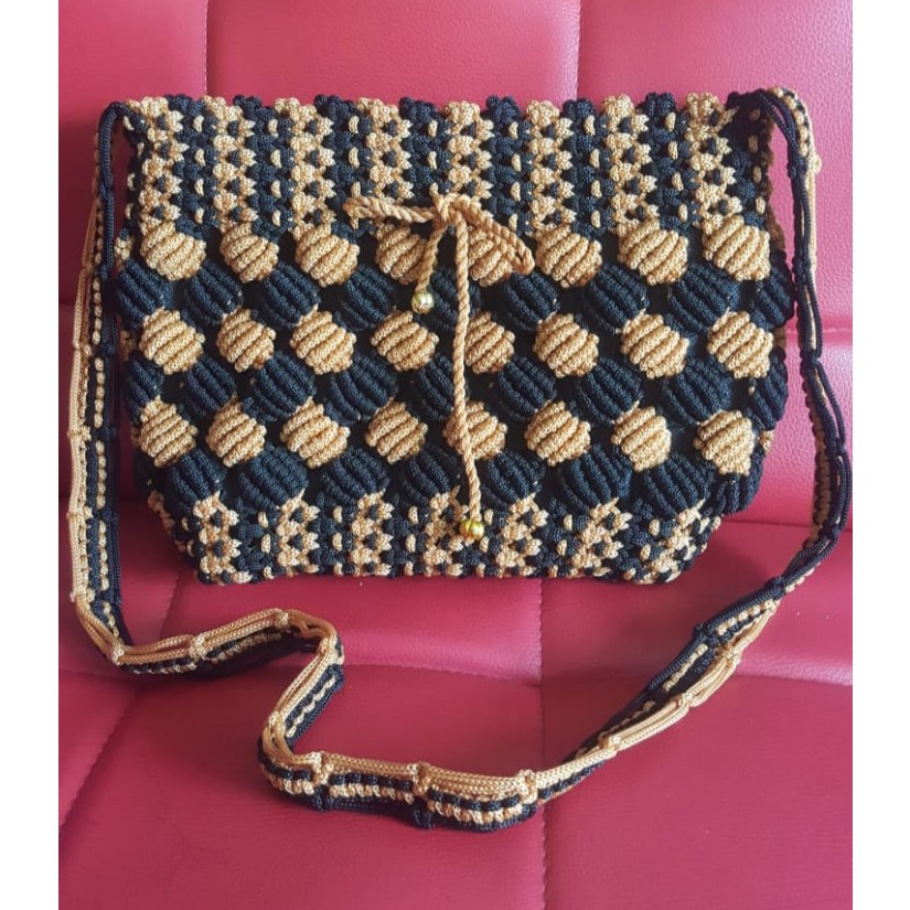 MURAH TAS WANITA TAS RAJUT TAS SELEMPANG RAJUT TALI KUR HANDMADE MUSTARD HITAM