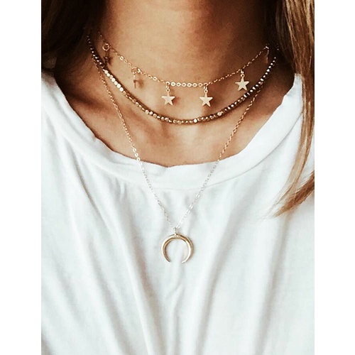 LRC Kalung Fashion Moon Alloy Star And Moon Map Multilayer Necklace P2510X