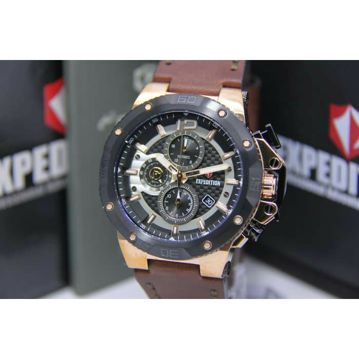 JAM TANGAN EXPEDITION WATCH 6751 PRIA ROSEGOLD BLACK LEATHER BROWN ORIGINAL