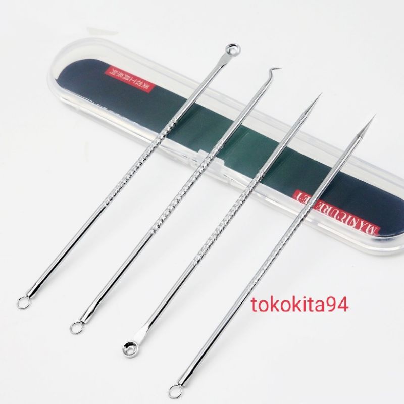 (Jakarta)Pinset Komedo Set 4 in 1 Free Kotak Stainless Steel 1Set isi 4 Pcs - Pencet Jerawat- Blackhead