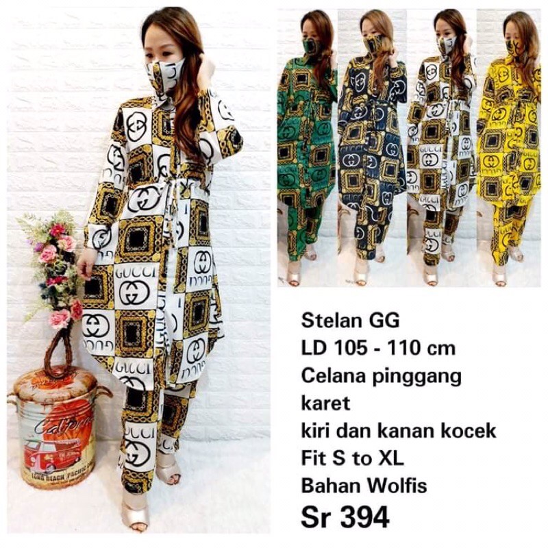 Baju setelan wanita motif gucci bahan wolfis lengan panjang