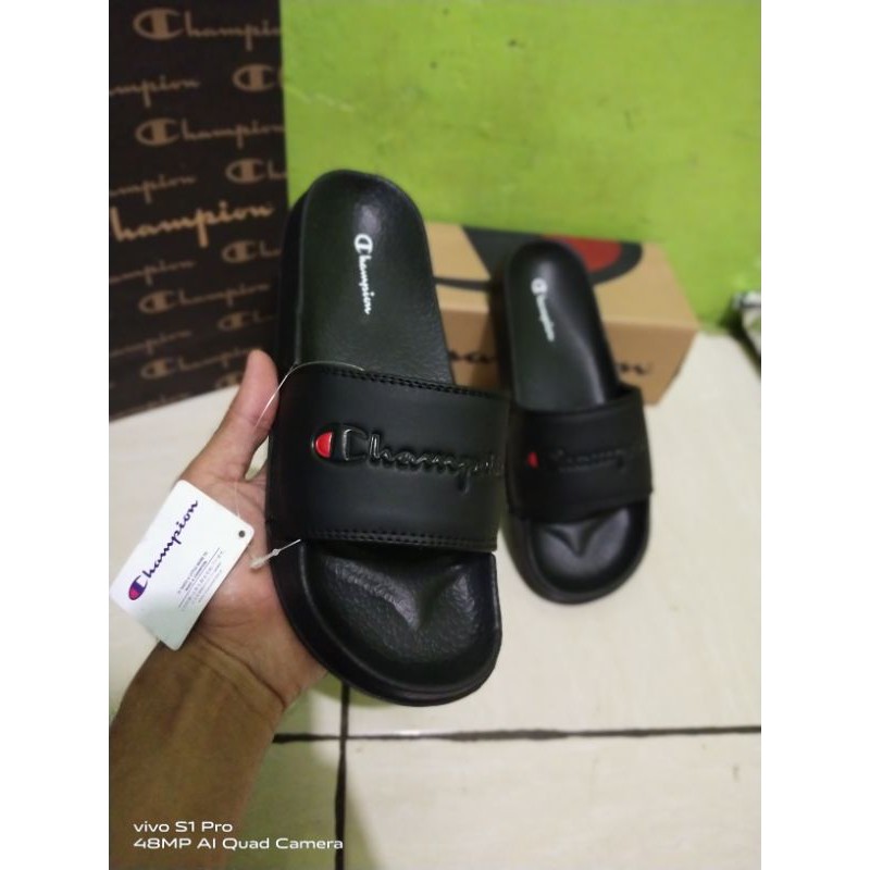 Sandal Slide Champion | Pria Wanita | Sandal Slop Cowo Cewe | Sendal Slop | Sandal-Full black