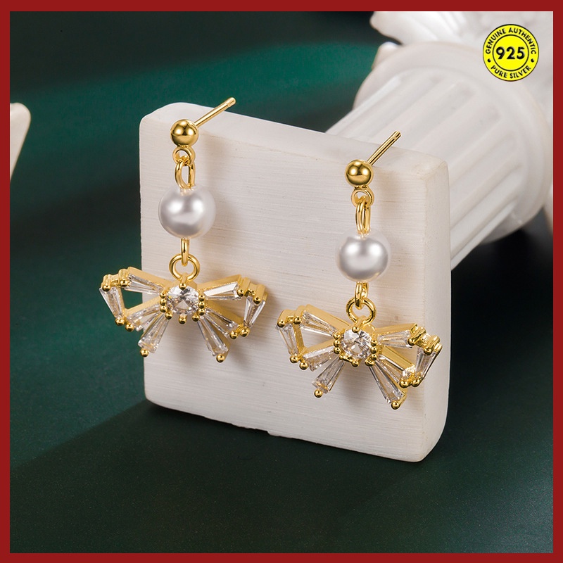 Anting Tusuk Sterling Silver 925 Model Pita Dengan Mutiara Untuk Wanita