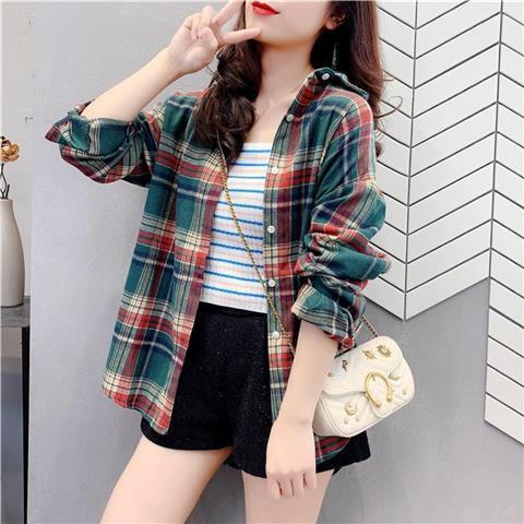 Korean blouse tartan kaos wanita Lengan panjang
