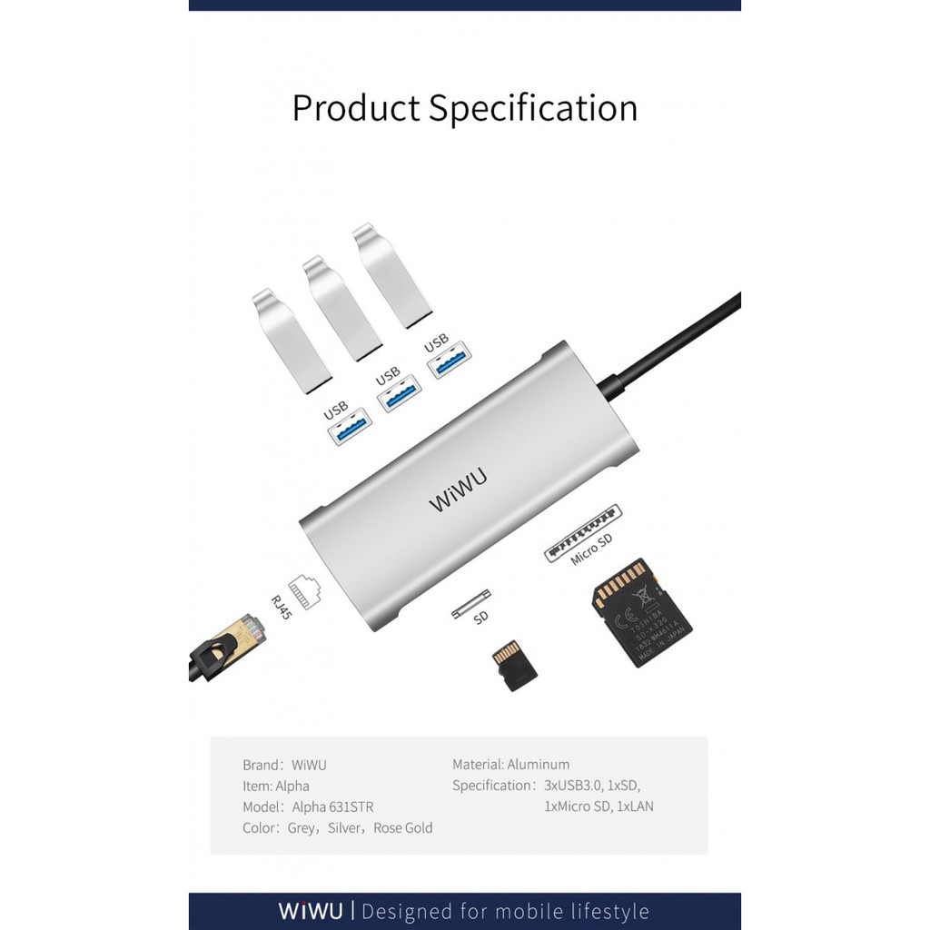 WIWU ALPHA A631STR - 6-in-1 USB Type-C Multifunction Converter Adapter