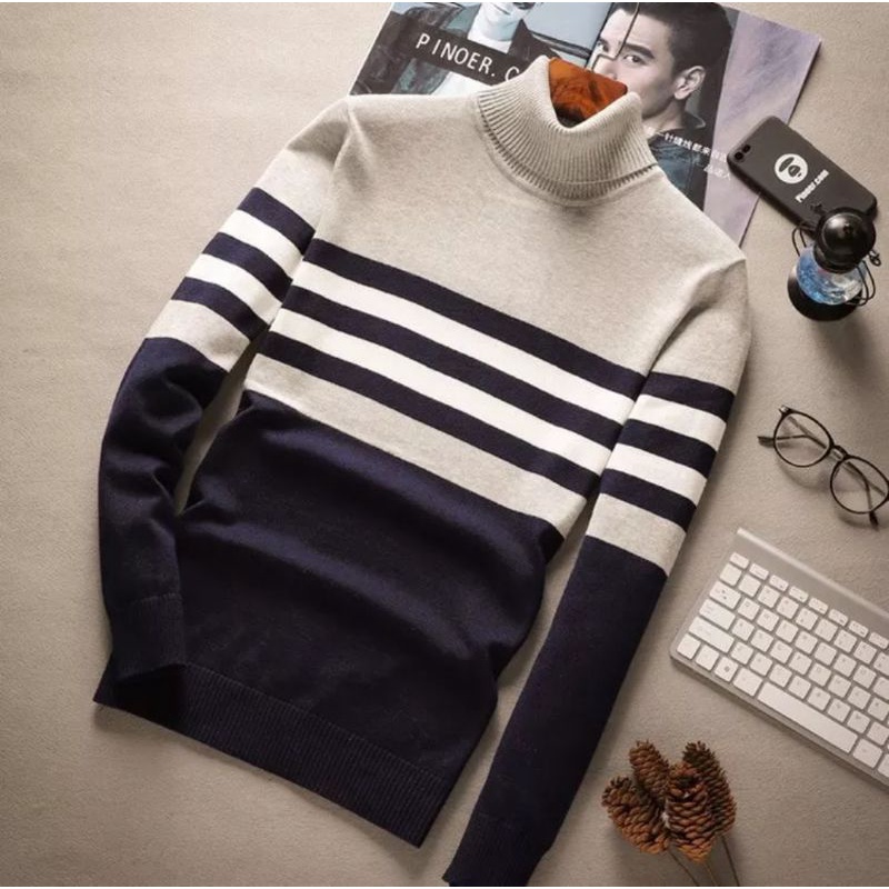 Sweater Hoodie Turtleneck Pria Pullover Strip Rajut O-neck