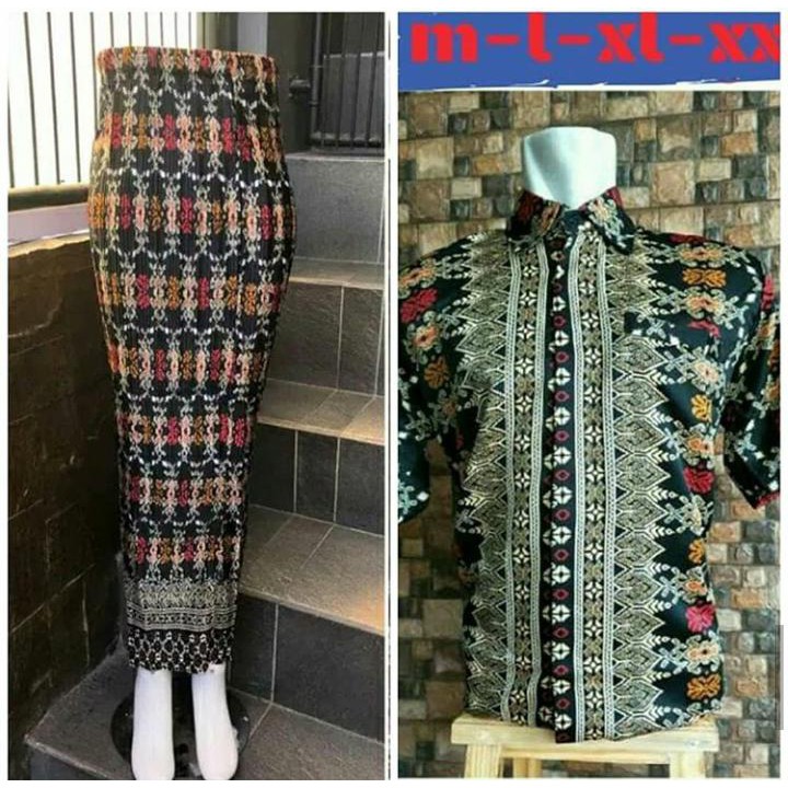 couple rok plisket dan kemeja batik lengan pendek new