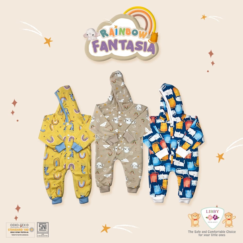 [TOMS] [BUNDLE HEMAT 3pc] LIBBY (3pcs) Jumper Baju Kodok Panjang Buka Kaki + Topi MOTIF Terbaru Grosir PRINT