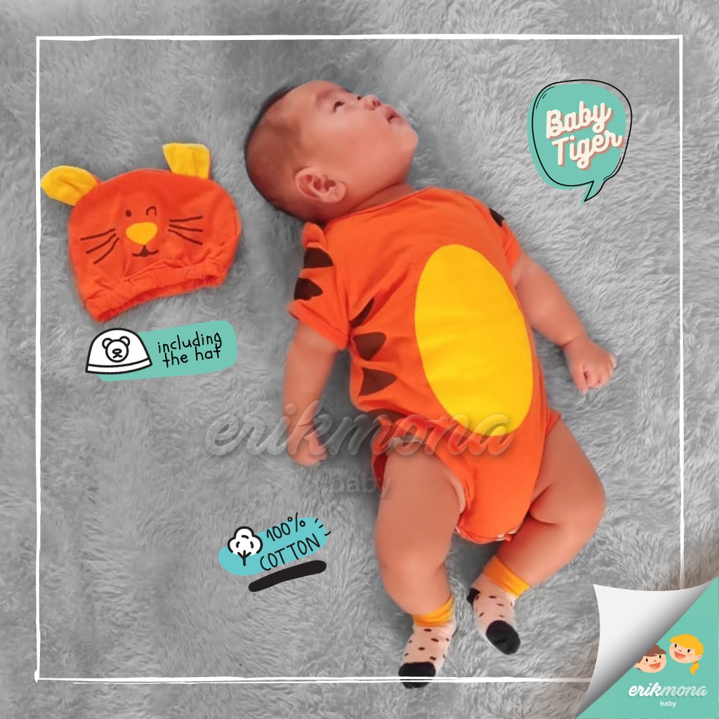 Ermon Baby - Baju Bayi Laki Laki Jumper Baby Cowok Lucu Karakter Macan Tiger + Topi usia 0 - 12 Bulan