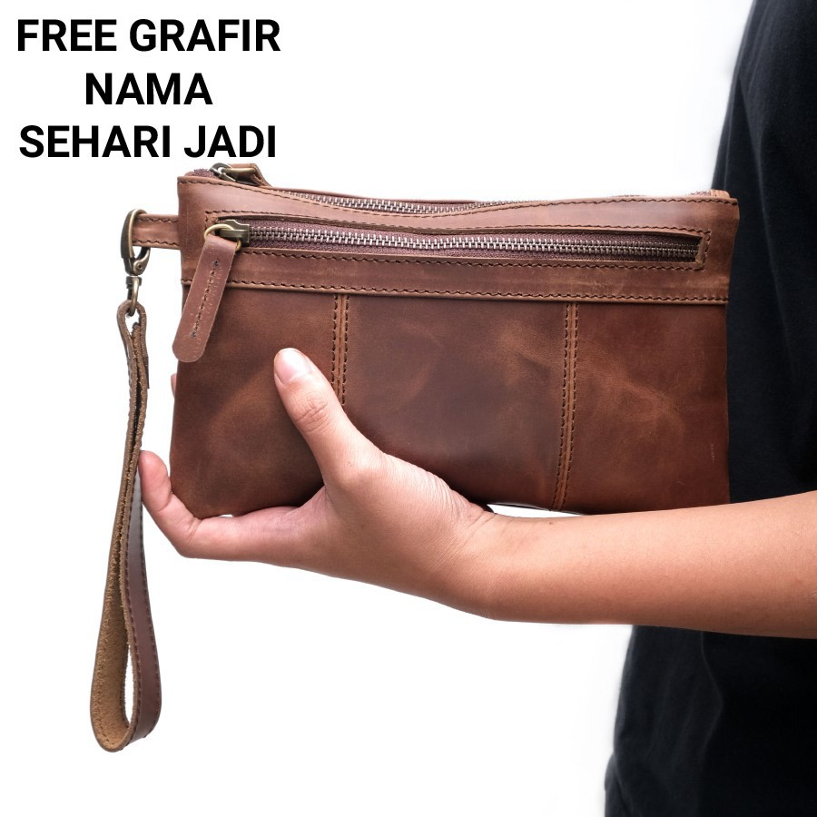 Tas Tangan Clutch Bag hand bag Pria Wanita Kulit Asli Free Ukir Nama