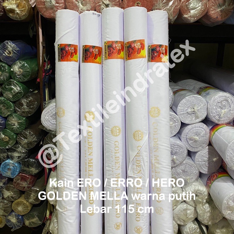 ( per 1 roll ) kain furing ero erro hero GOLDEN MELLA PUTIH sariwarna rollan lebar 115 cm isi 27 meter bahan baju kemeja furing lapisan gamis koko brukat tile satin kebaya rok batik kerudung jilbab hijab neci segi empat segiempat seragam sekolah dekorasi