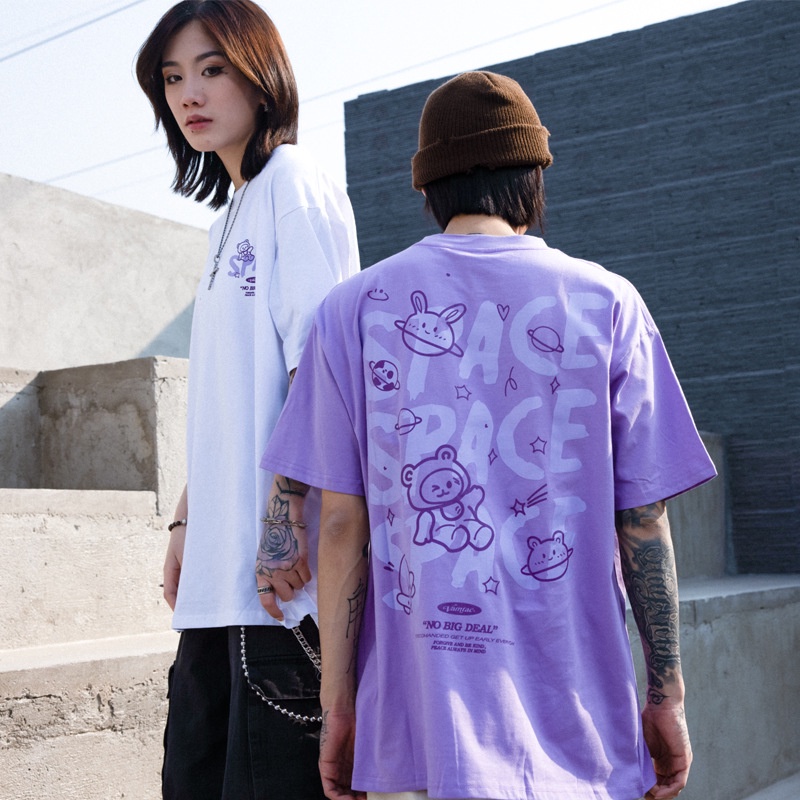 [littlecrab] Kaos Oversize Korea Space Lucu Kaos Couple Unisex Beruang Bulan Planet Korean Style