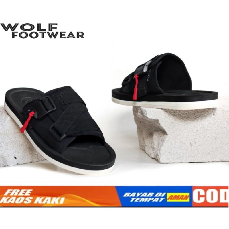 WOLF x KOJO |Sandal Slippers Unisex Anti Licin Sandal Slide Original Sandal Canvas SERIZAWA 2 Flip Flop Strap Black