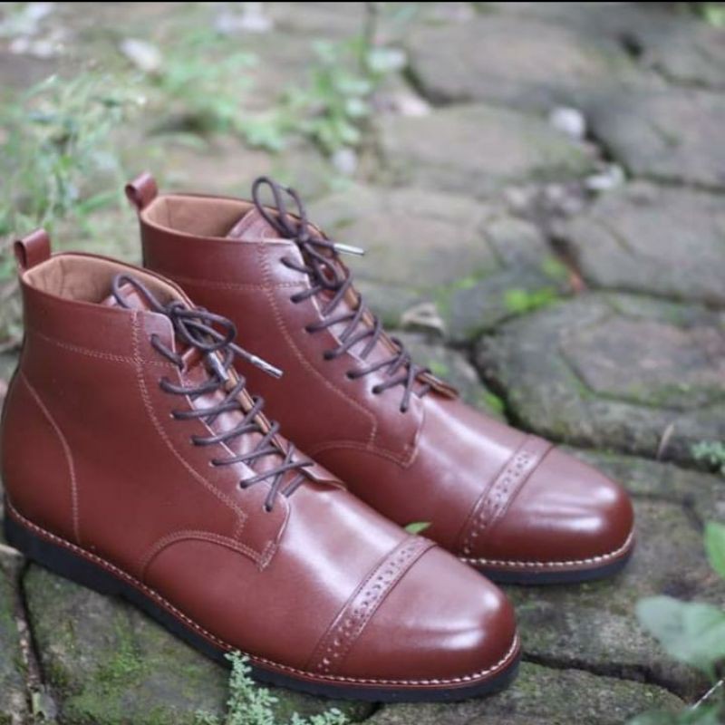 Sepatu Boots Pria lokal Flavio Boston bahan kulit asli warna coklat garansi sol murah berkualitas