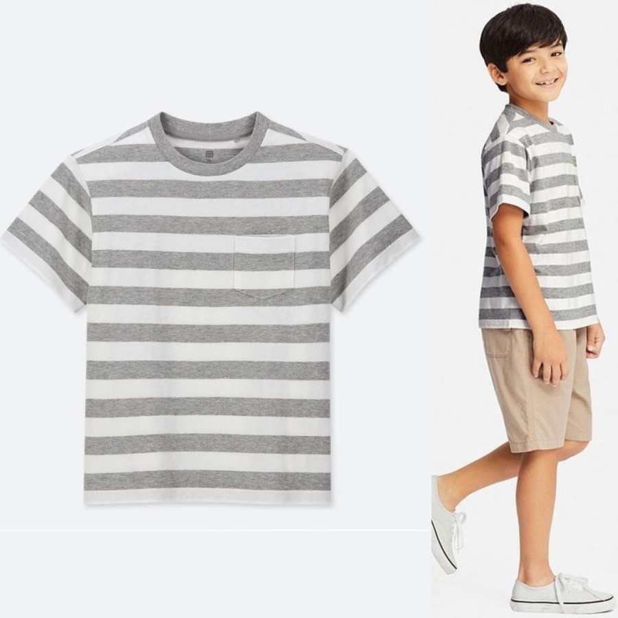 Kaos Katun Anak Laki Perempuan Unisex Uniqlo Basic Stripe Grey Size 2y 3y / Kado Baju Kaos Celana An