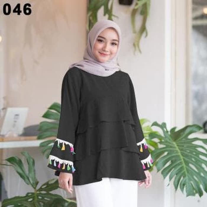 Gaun / dress wanita / cewe BLOUSE 046 BAJU ATASAN MUSLIM WANITA DEWASA MURAH KEKINIAN TRENDY - Hitam